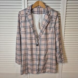 Women's XL Pink Plaid Blazer Jacket Open Front Check Long Sleeve Workwear NWT